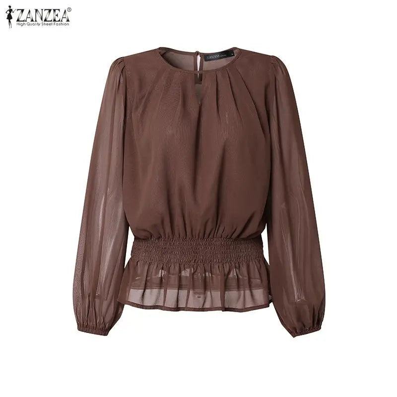 ZANZEA Women Chiffon Sheer Blouses Elegant O-Neck Puff Sleeve Shirred Waist Ruffled Hem Tops Summer Commute Blusas de Mujer