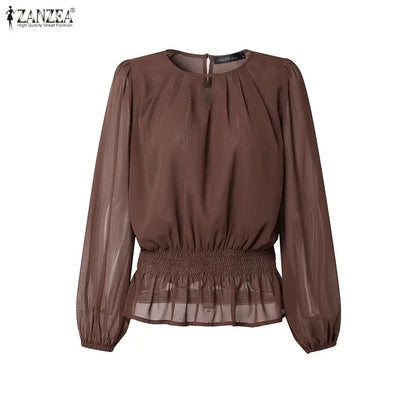 ZANZEA Women Chiffon Sheer Blouses Elegant O-Neck Puff Sleeve Shirred Waist Ruffled Hem Tops Summer Commute Blusas de Mujer