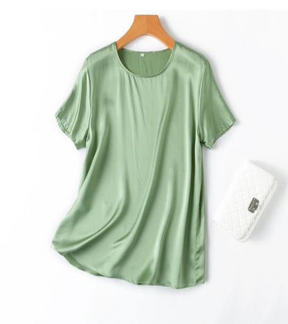 ZVAQS 100% Mulberry Silk T Shirts Woman Elegant Satin T Shirt 27 Colors High Quality Silk Summer Tops 2025 Women Clothing Топ