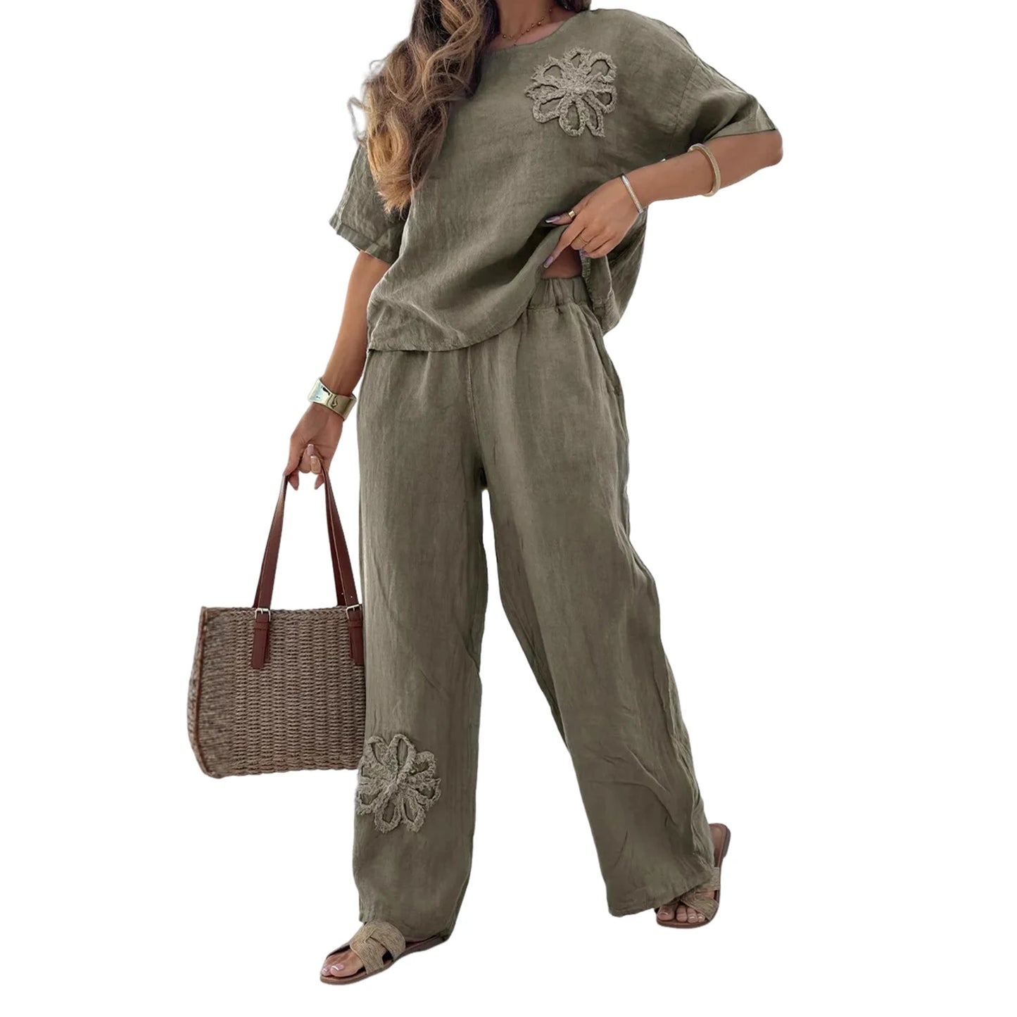 Women's Cotton Blend Suit Women's Summer Casual Printed Sportswear Set Lightweight Cotton Blend Outfit for Fashionable