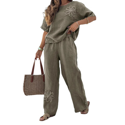 Women's Cotton Blend Suit Women's Summer Casual Printed Sportswear Set Lightweight Cotton Blend Outfit for Fashionable