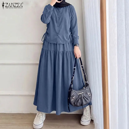 2026 ZANZEA Fashion Women Long Sleeve Shirt Dress Sets Muslim Matching Set Ramadan Outfit Hijab Tracksuit Solid Work Skirt Suit