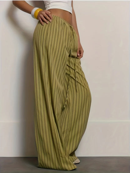 Women's Green Striped Wide-Leg Pants, New Summer Arrival, Drawstring Elastic Waist, Draping Casual Trousers, Lazy Style Floor-Le