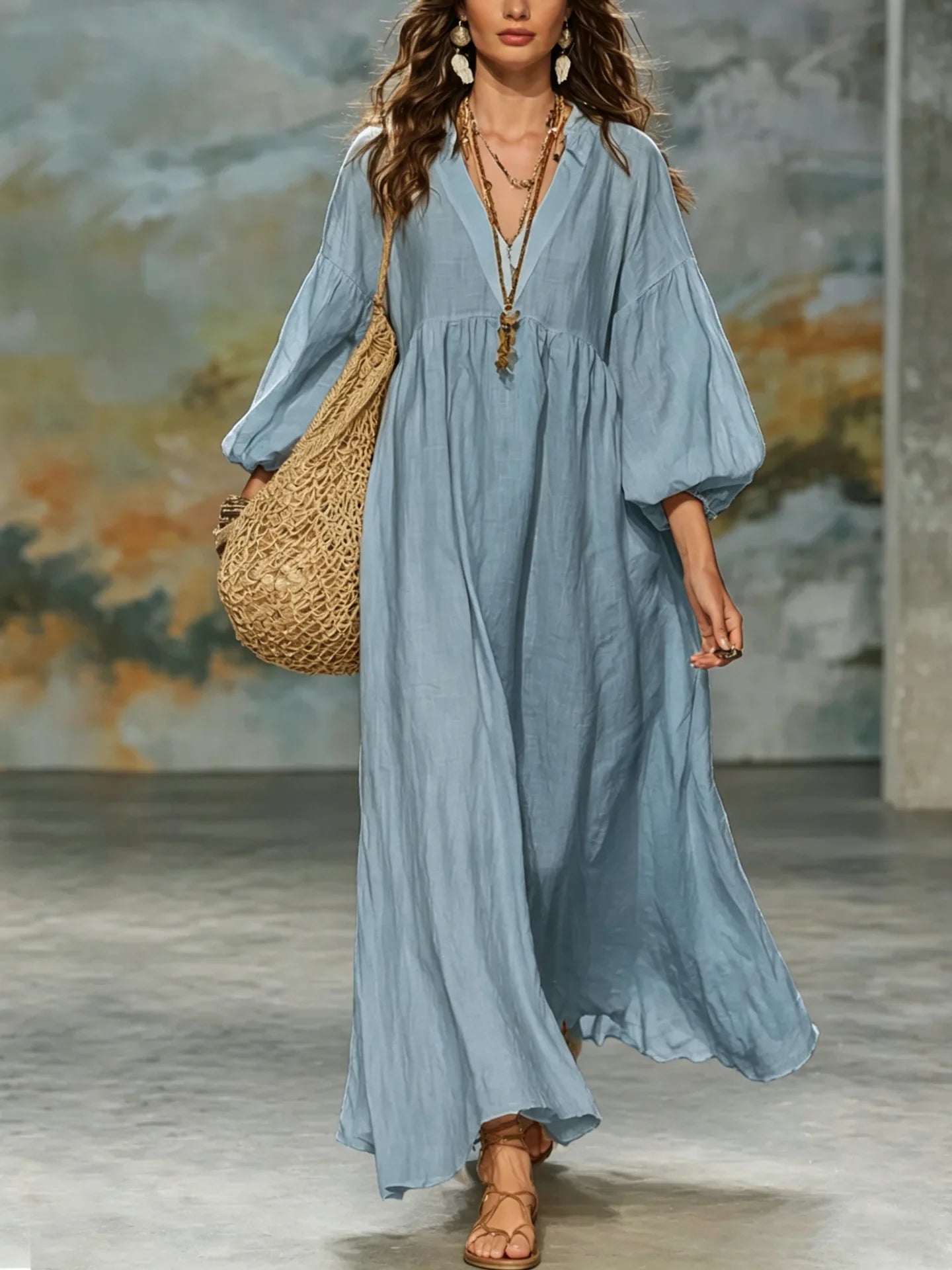 V Neck Puff Sleeve Linen Maxi Dress, Multi Color Loose Flowy Boho Dress for Women, Breathable Casual Beach Vacation Outfit
