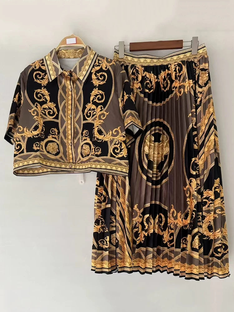 Retro geometric print lapel short shirt two-piece set 2026 summer women's clothing + loose large size pleated skirt fashion suit