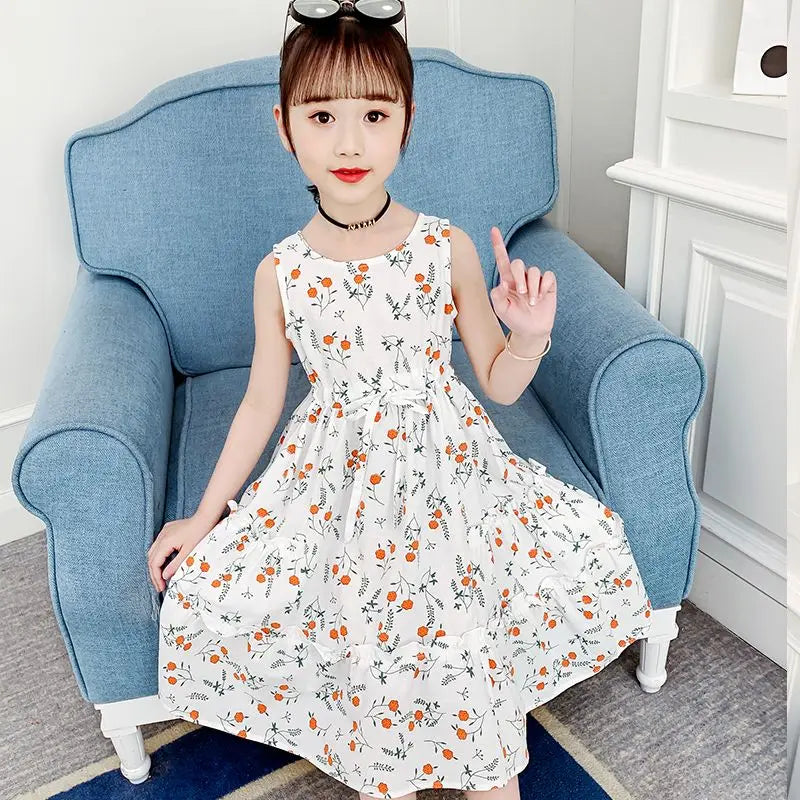 Floral Princess Dress with Waist Tie Trendy Tweens Girls Clothing Dresses 6 8 Years Frocks Kids Girly Clothes Skirt Girl Elegant