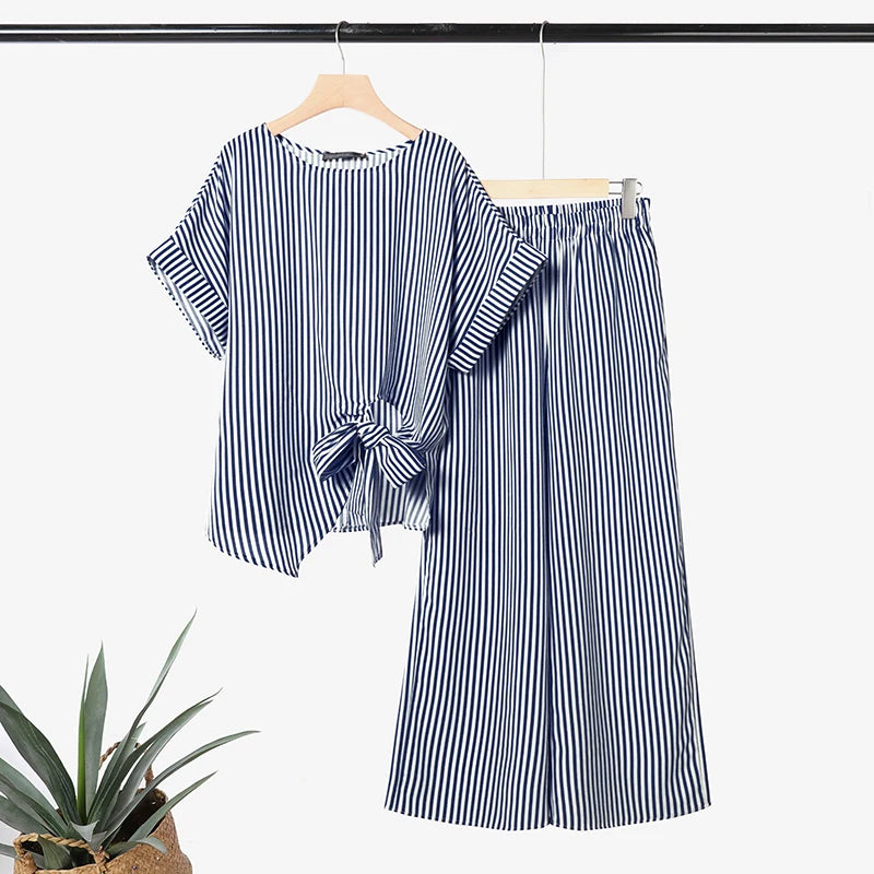 ZANZEA Summer 2PCS O Neck Short Sleeve Blouse Wide Leg Pant Sets Striped Work Tracksuit Fashion Women Outfits 2 Pieces Sets 2026