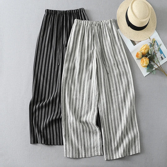 Limiguyue Vintage Soft Casual Wide Leg Linen Pants Women Summer Daily Loose Elastic Waist Long Striped Trousers Breathable T526