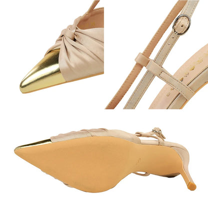 BIGTREE Shoes Metal Pointed Tip Women Pumps Satin Bow High Heels Stiletto 9 cm Hollow Out Buckle High Heeled Sandals Summer