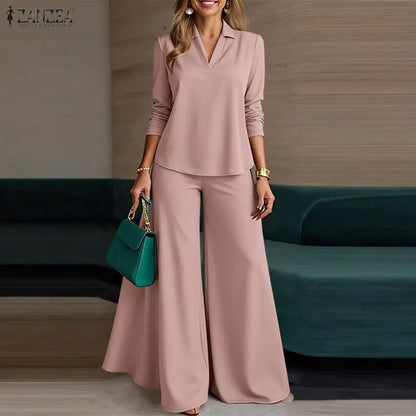 ZANZEA Fashion Women 2 Piece Pant Sets Minimalist V-Neck Long Sleeve Blouses and Wide Leg Pants Suits Commuting Woman Outfits