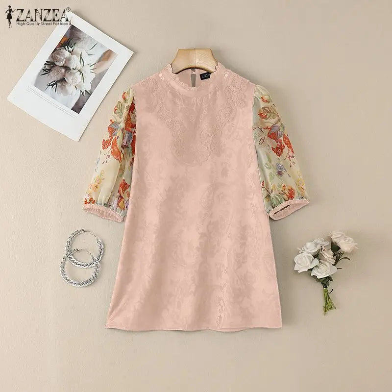 ZANZEA Women's Elegant Floral Chiffon Puff Sleeves Blouses Lace Patchwork Stand Collar Classy Tops 2026 Summer Woman Clothes 3XL