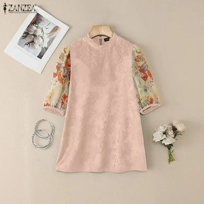 ZANZEA Women's Elegant Floral Chiffon Puff Sleeves Blouses Lace Patchwork Stand Collar Classy Tops 2026 Summer Woman Clothes 3XL