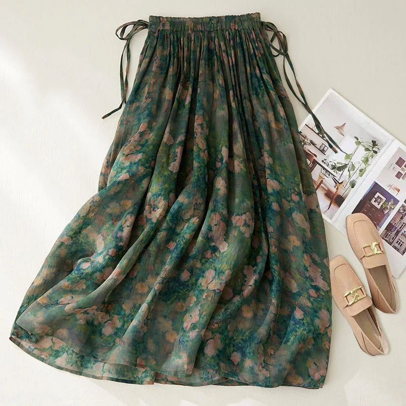 Vintage Printed Long Skirt Cotton Linen Floral Elasticated Waist Tie Skirts Summer Flowing Literary Artistic Forest Women' Skirt