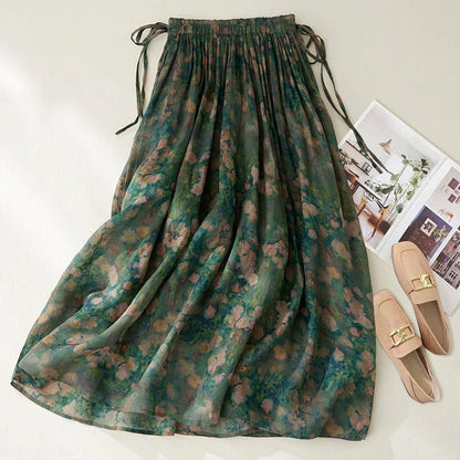 Vintage Printed Long Skirt Cotton Linen Floral Elasticated Waist Tie Skirts Summer Flowing Literary Artistic Forest Women' Skirt
