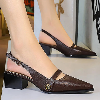 BIGTREE Shoes Retro Women's Sandals Pointed Tip Chunky Heel Women Shoes Buckle Middle Heel Sandals Summer Ladies Shoes 2026 New