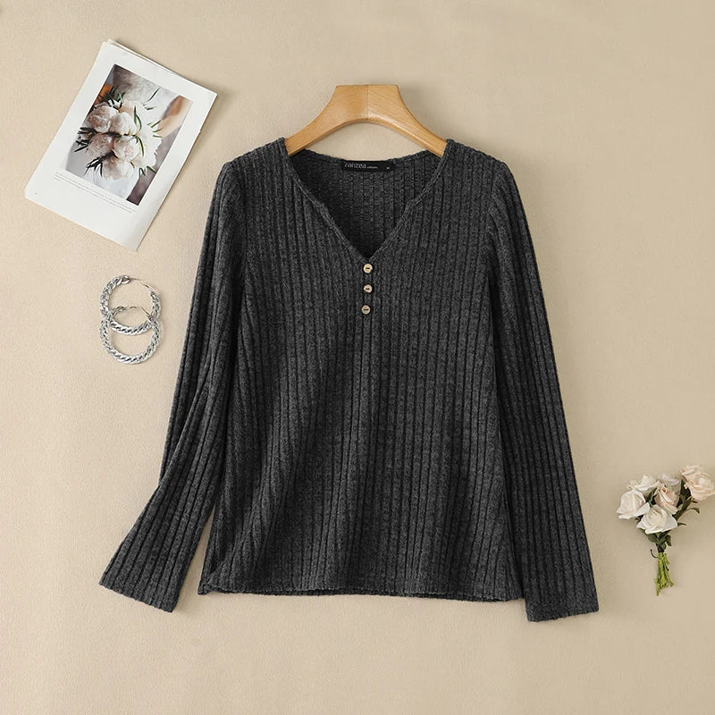 ZANZEA Women Ribbed Knit T-Shirts Casual V-Neck Long Sleeve Regular Fit Solid Color Blouses 2026 Autumn Daily Wear Pullover Tops