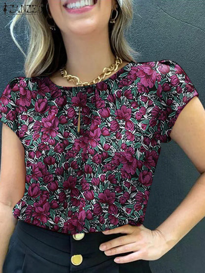 ZANZEA Bohemian Floral Printed Blouse Summer Casual Pleated Design Tops Woman Elegant Short Sleeve Shirt Female Holiday Blusas