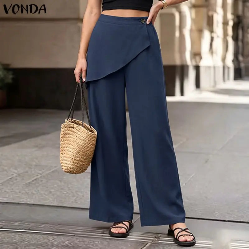 VONDA Streetwear Women Wide Leg Pants Asymmetrical Elastic Waist Trousers Casual Summer Holiday Solid Plus Size Pants Oversize