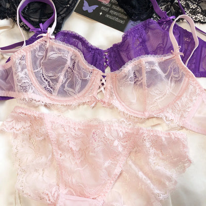 Sexy Hollow Bra French Ultra Thin Lace Embroidery Women Lingerie Set Underwire Push Up Bras Breathable Underwear and Panties Set