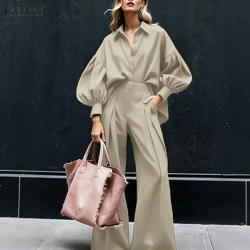 ZANZEA Women's Elegant Chic Pant Suits Lantern Sleeve Shirt & Wide Leg Pant 2 Pieces Sets Oversized Pant Sets Outfits Streetwear