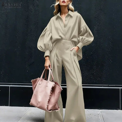 ZANZEA Women's Elegant Chic Pant Suits Lantern Sleeve Shirt & Wide Leg Pant 2 Pieces Sets Oversized Pant Sets Outfits Streetwear