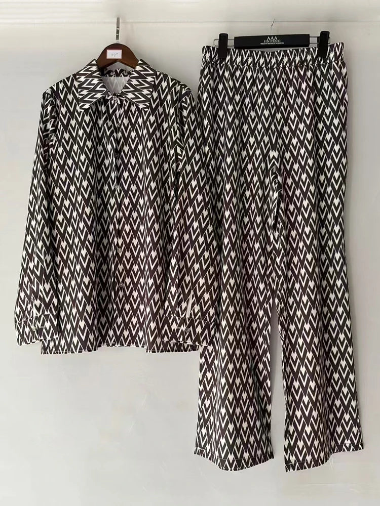 Retro geometric print lapel straight leg shirt two-piece set for 2026 spring women's clothing+loose wide leg pants fashion set