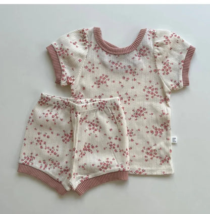 TZ2432 New Korean Baby Flower Short Sleeved Set for Women's Baby Thin Cotton Soft Home Short Sleeved Shorts Two Piece Set