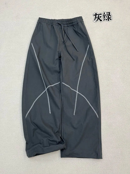 QICHE Women Contrast Stitch Curved Pants Loose Outdoor Casual Sports Long Trousers