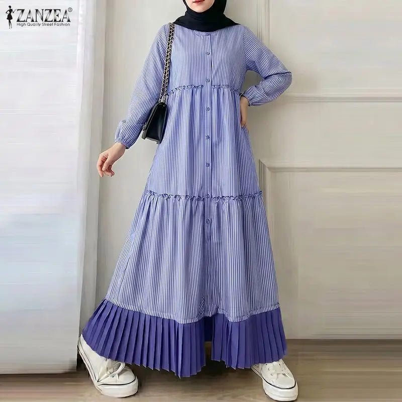 2026 ZANZEA Casual O Neck Long Sleeve Striped Patchwork Dresses Women Muslim Dress Abaya Robe Femme Dubai Hijab Sundress Kaftan