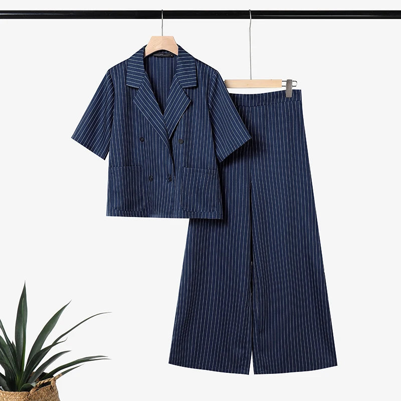 ZANZEA 2026 Women 2 Piece Pant Sets Elegant Striped Short Sleeve Blazer & Wide Leg Pant Suits Office Lady Commute Work Outfits