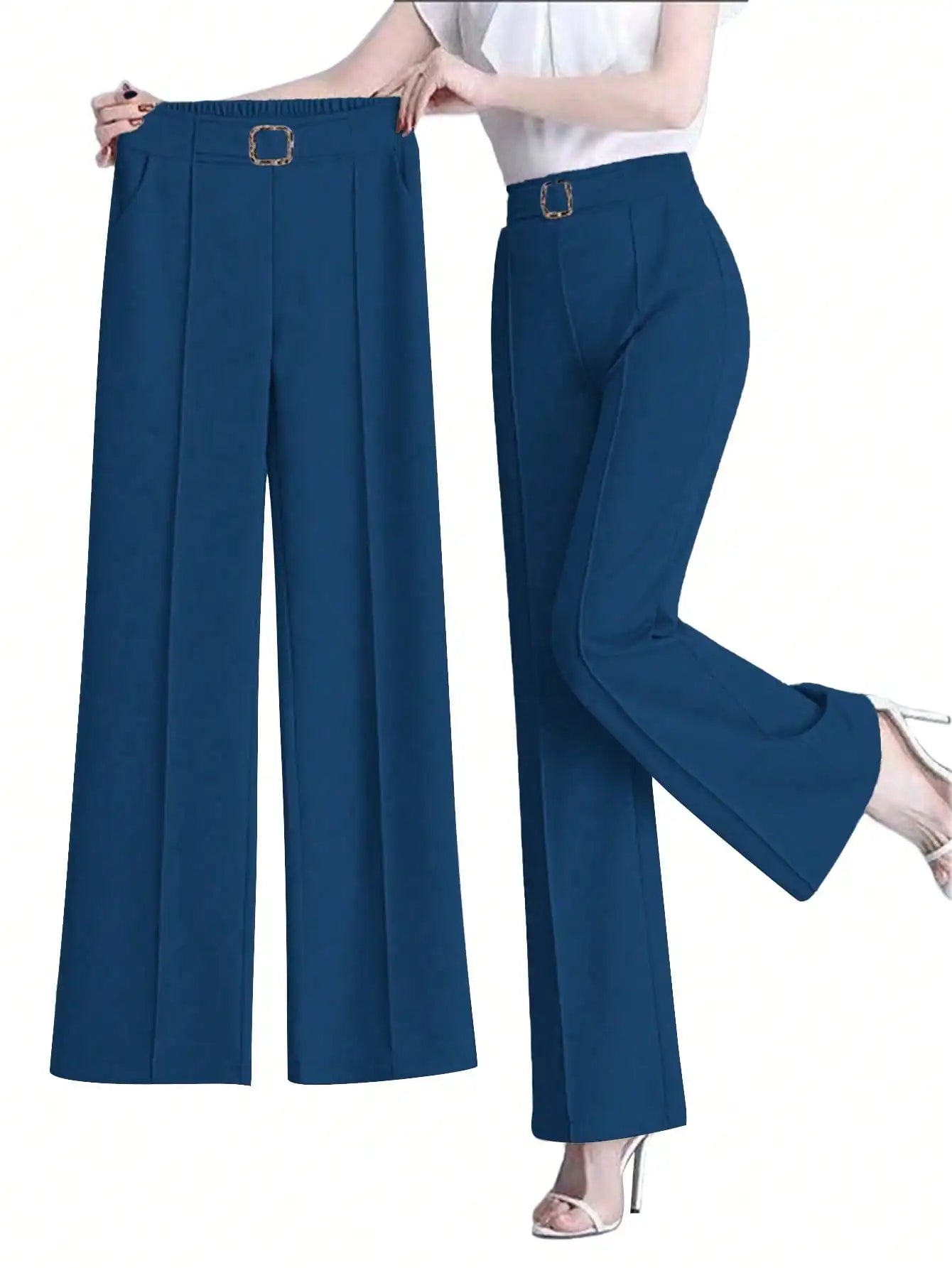 Women's Elegant Solid Color Toothpick Striped Design Straight Leg Loose Casual Commuter Pants Palazzo Trousers