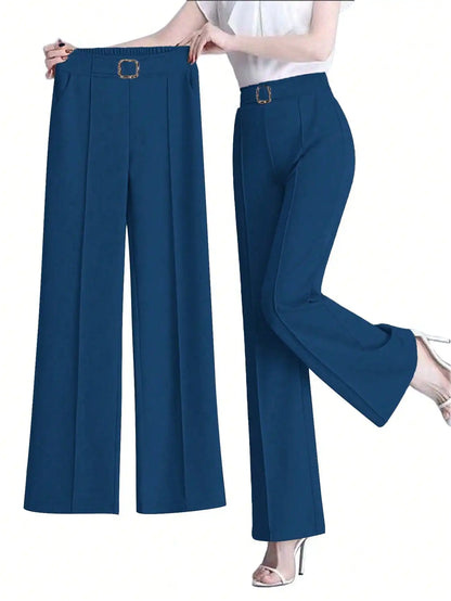 Women's Elegant Solid Color Toothpick Striped Design Straight Leg Loose Casual Commuter Pants Palazzo Trousers