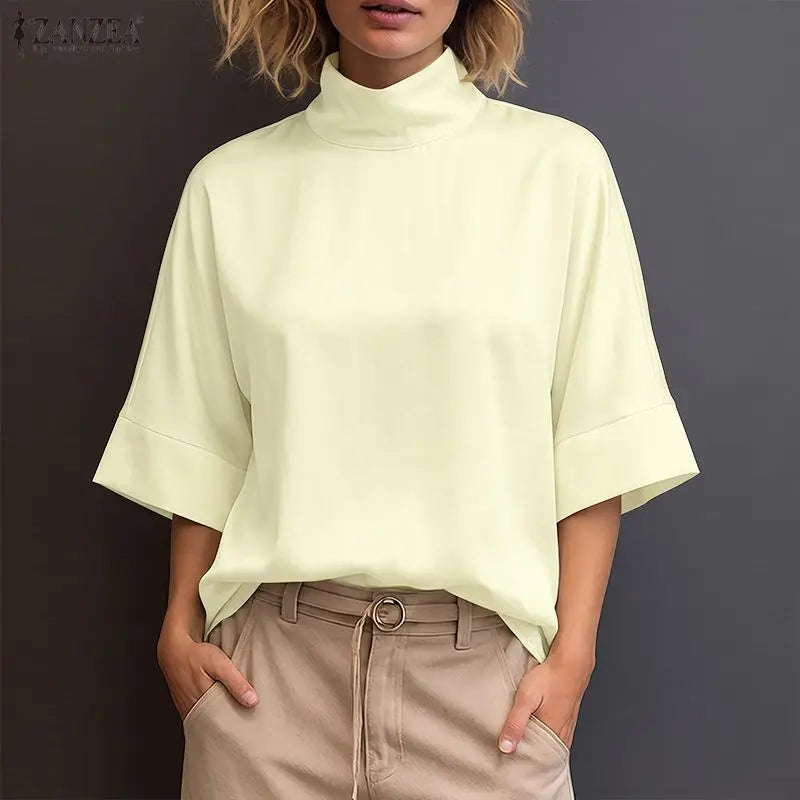 ZANZEA Woman Plus Size Blouses Casual Mock Neck 3/4 Sleeve Loose Solid Shirts Autumn 2026 Vintage Daily Wear Blusas Mujer 5XL