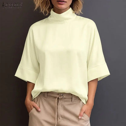 ZANZEA Woman Plus Size Blouses Casual Mock Neck 3/4 Sleeve Loose Solid Shirts Autumn 2026 Vintage Daily Wear Blusas Mujer 5XL