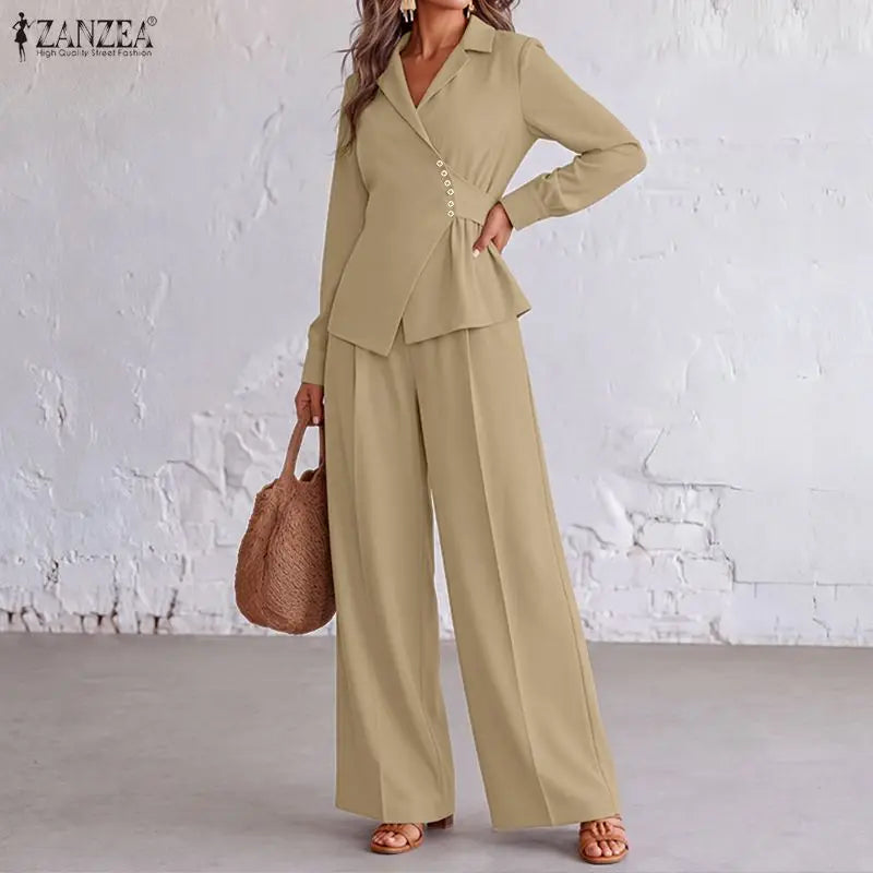 ZANZEA Casual Long Sleeve Tops Trousers Suit Autumn Outfits Office Women 2 Piece Sets Fashion OL Work Pants Sets Solid Tracksuit