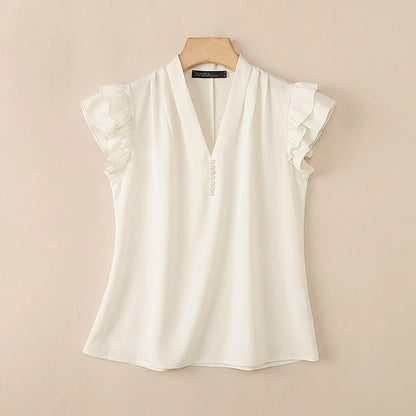ZANZEA Women Sophisticated Elegant Flying Sleeves Blouses V-Neck Pearls Detail Solid Color Tops Summer Pleated Blusas de Mujer