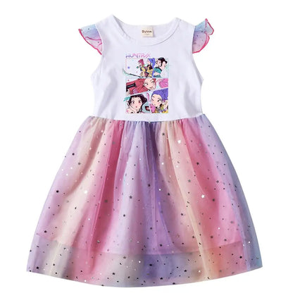 K-Pop Hunters Rumi Baby Girls Dress Children Cartoon Mesh Star Sequins Princess Dress Kids Flying Sleeve Skirt For Birthday Gift