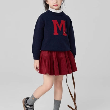 Girls' Autumn Red Corduroy Skirt Wool Blend Princess Design Christmas Party Heavyweight Winter Outfit