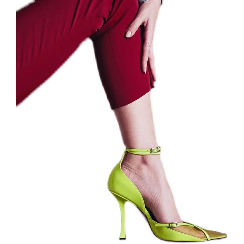 Fluorescent High Heels 2024 Summer European and American New Mesh Pointed Sexy Thin Heels with Hollow Single Shoes for Women