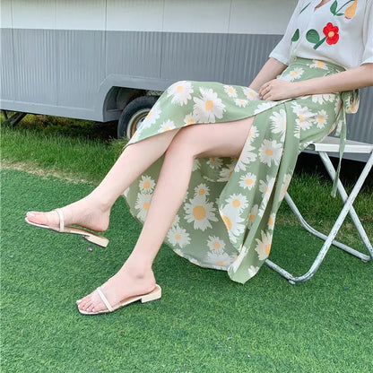 Vacation Style Wrap Skirt Beachside Long Skirt Women's High Waist A-Line Midi Skirt Floral Print One-Piece Summer Spring