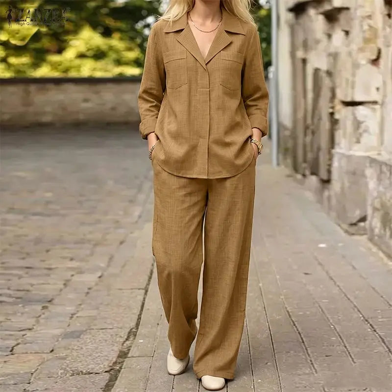 ZANZEA Women Casual Pant Sets Lapel Neck Long Sleeve Blouse & Elastic Waist Pants 2pcs Matching Sets Autumn OL Work Solid Co-ord