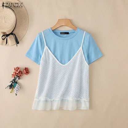 ZANZEA Summer Women Blouses Fashion Fake 2PCS Tops Patchwork Hollow Out Tee OL Work Party Blusas Tunic Streetwear Oversize