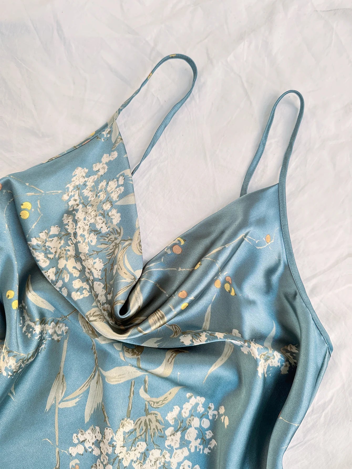 Women Cherry Print Satin Pajama Set Cowl Neck Spaghetti Strap Cami Top Long Pants 2 Piece Elegant Sleepwear Ladies Loungewear