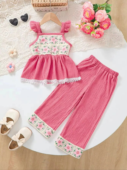 Girls Casual Cute Two-Piece Set with Puff Sleeves Square Collar Ruffle Hem Top And Pants Spring Summer Outfit for Kids