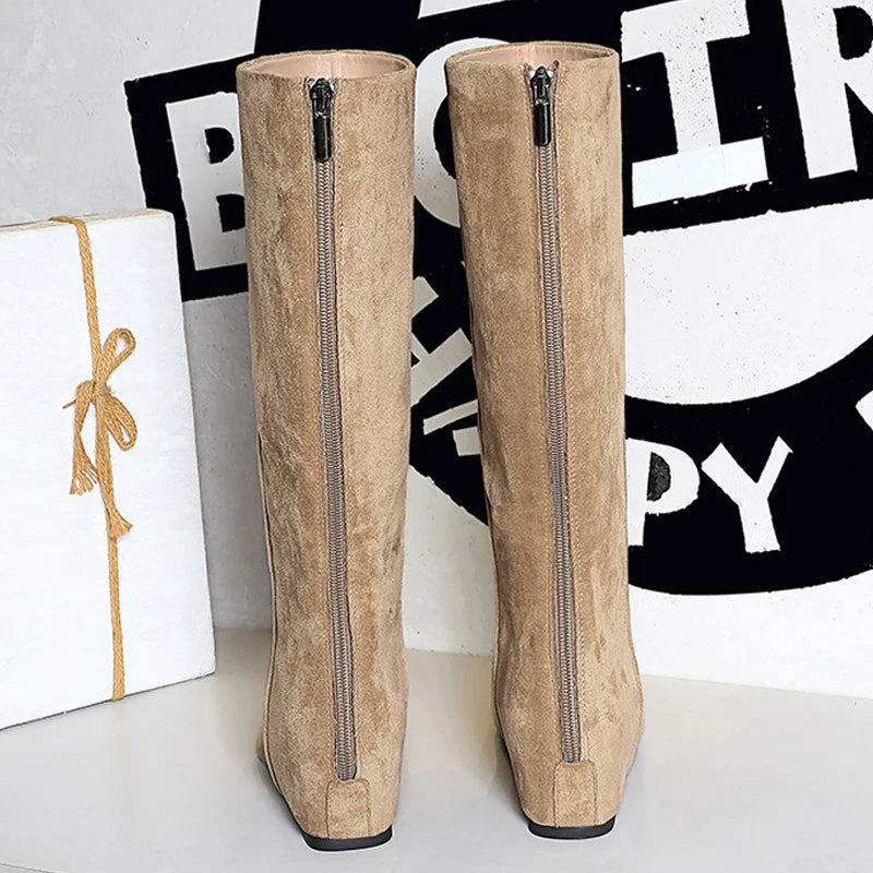 Fashion Women Knee-high Boots Rear Zipper Design High Boots Wedges Long Boots Autumn Winter Shoes Suede Square Head Women Boots