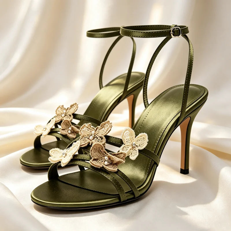 Hand Embroidery Butterfly Detail High Heel Sandals Women Luxury Satin Ankle Strap High Heels for Ladies Elegant Party Dress Shoe