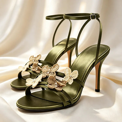 Hand Embroidery Butterfly Detail High Heel Sandals Women Luxury Satin Ankle Strap High Heels for Ladies Elegant Party Dress Shoe