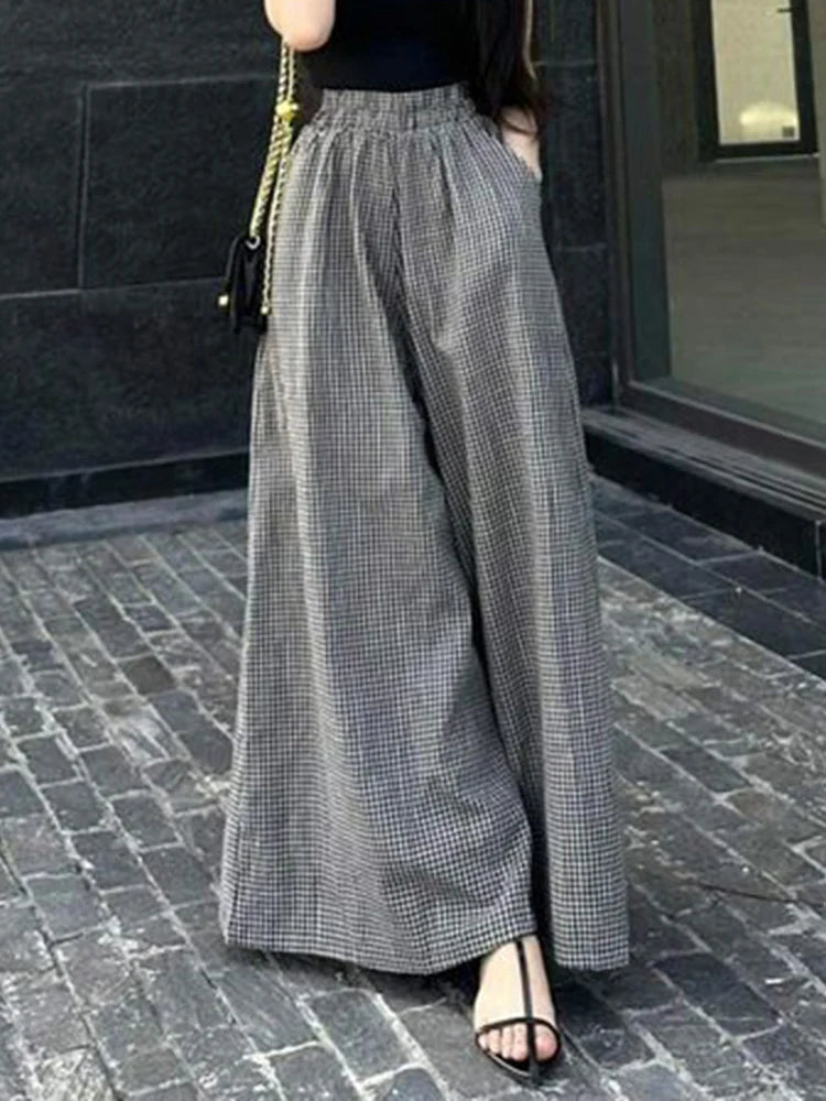2025 ZANZEA Summer Wide Leg Pants Women Plaid Checked Trousers Casual Elastic Waist Pant Elegant Loose OL Work Pantalon Palazzo