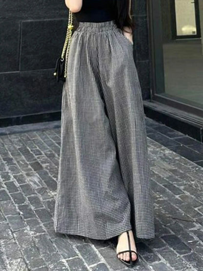 2025 ZANZEA Summer Wide Leg Pants Women Plaid Checked Trousers Casual Elastic Waist Pant Elegant Loose OL Work Pantalon Palazzo