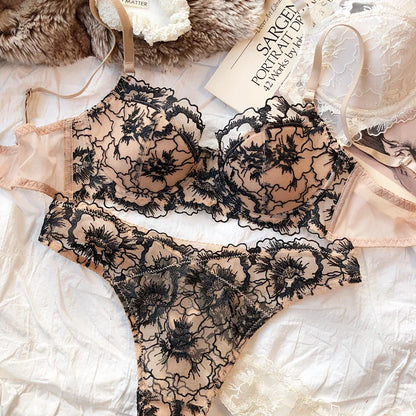 Sexy Lace Flowers Embroidery Bra Set Thin 3/4 Cup Push Up Lingerie For Women Summer Breathable Comfort Brassiere Underwear Sets